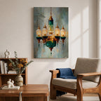 A detailed painting of a vintage chandelier featuring a central green glass lantern surrounded by five smaller glass lanterns with golden accents, rendered in a realistic Moroccan style with soft brush strokes and a muted background emphasizing the antique lighting fixture.