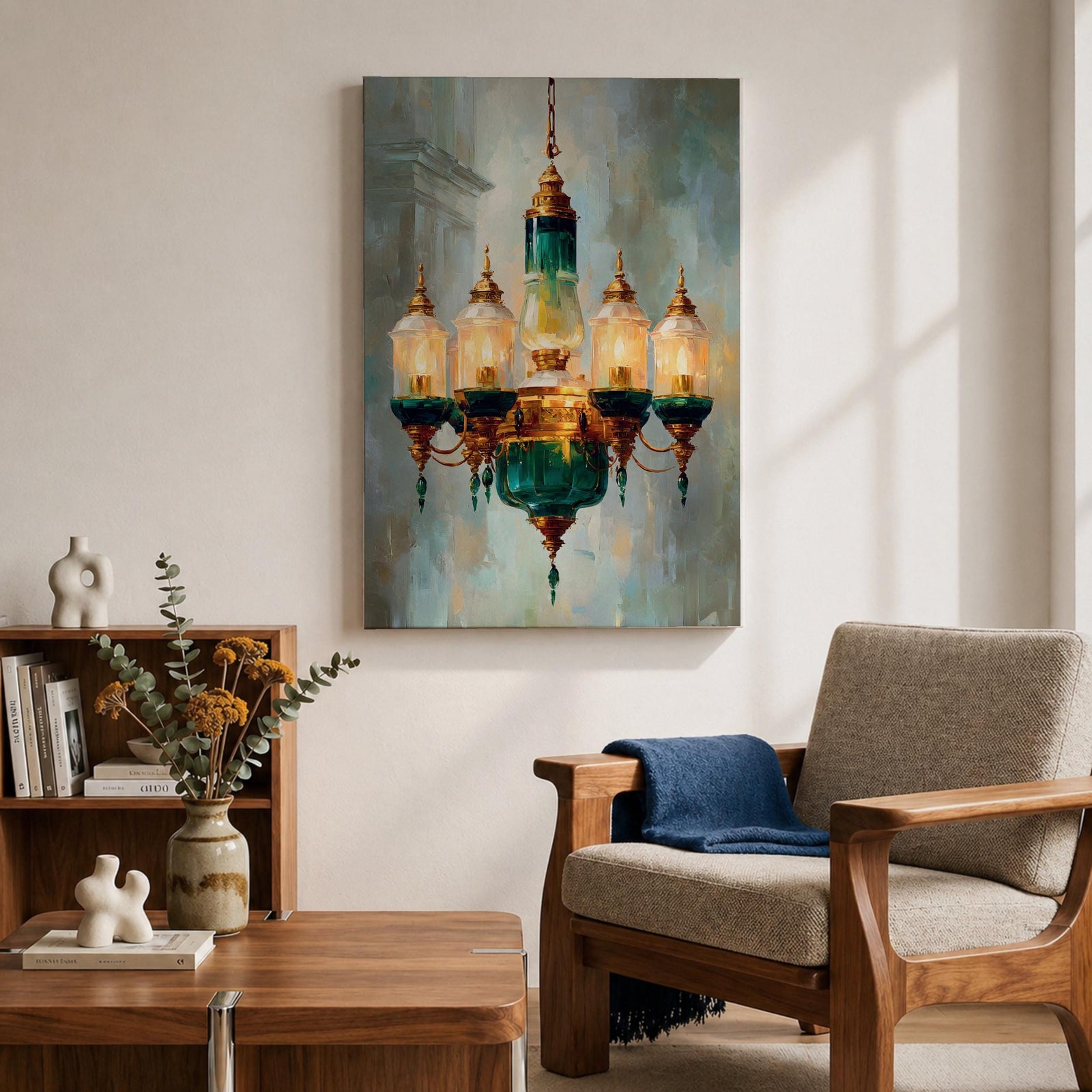 A detailed painting of a vintage chandelier featuring a central green glass lantern surrounded by five smaller glass lanterns with golden accents, rendered in a realistic Moroccan style with soft brush strokes and a muted background emphasizing the antique lighting fixture.