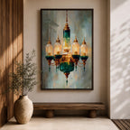 A detailed painting of a vintage chandelier featuring a central green glass lantern surrounded by five smaller glass lanterns with golden accents, rendered in a realistic Moroccan style with soft brush strokes and a muted background emphasizing the antique lighting fixture.