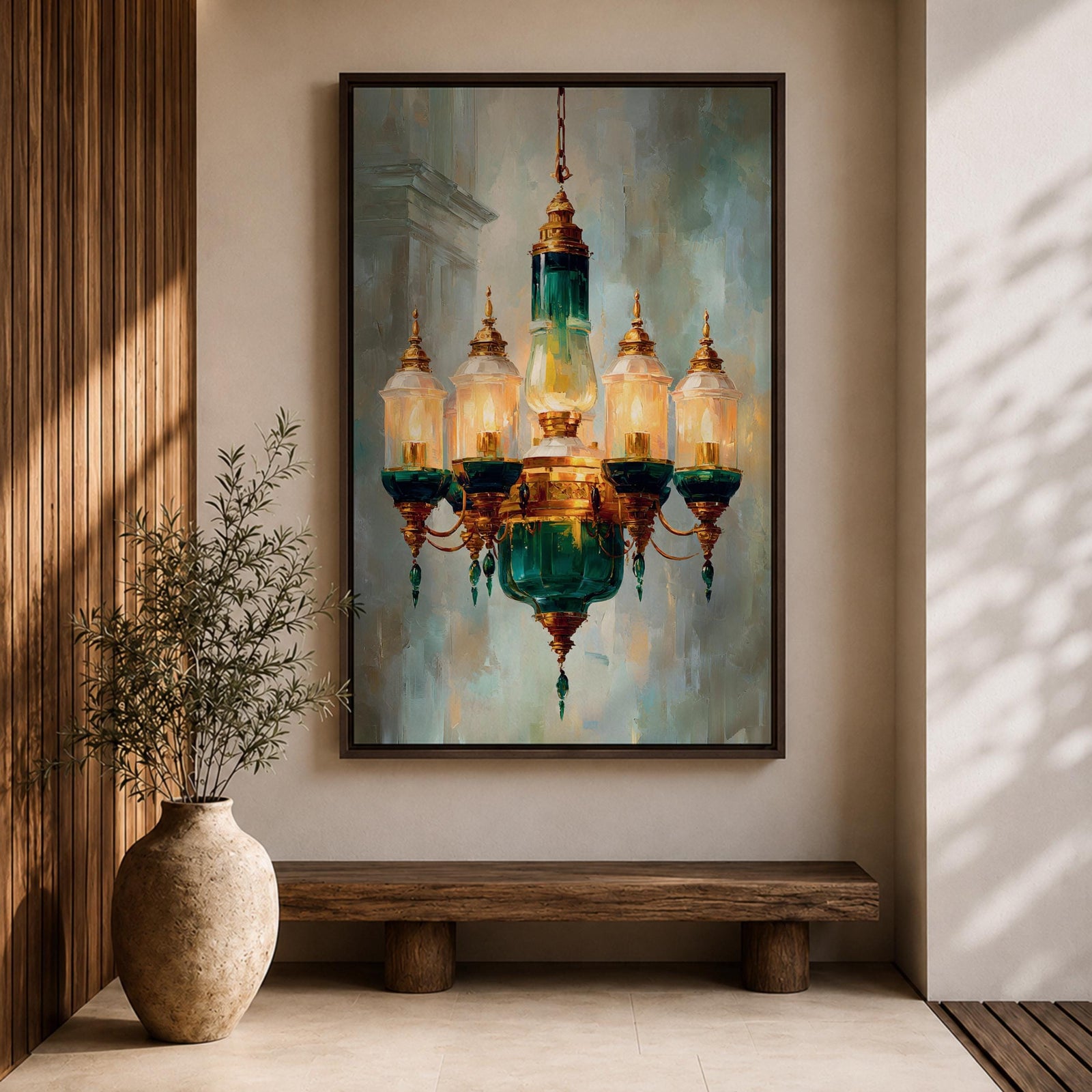 A detailed painting of a vintage chandelier featuring a central green glass lantern surrounded by five smaller glass lanterns with golden accents, rendered in a realistic Moroccan style with soft brush strokes and a muted background emphasizing the antique lighting fixture.