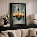 A detailed painting of a vintage chandelier featuring a central green glass lantern surrounded by five smaller glass lanterns with golden accents, rendered in a realistic Moroccan style with soft brush strokes and a muted background emphasizing the antique lighting fixture.