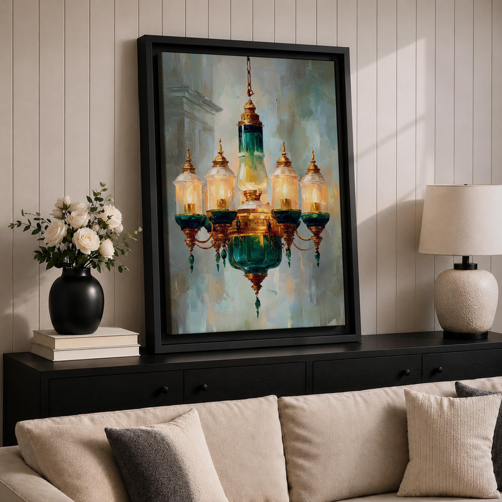 A detailed painting of a vintage chandelier featuring a central green glass lantern surrounded by five smaller glass lanterns with golden accents, rendered in a realistic Moroccan style with soft brush strokes and a muted background emphasizing the antique lighting fixture.