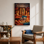 A framed canvas wall art depicting Our Lady of Guadalupe with a traditional Mexican altar featuring candles, flowers, decorated sugar skulls, bread, and fruit, rendered in a detailed, realistic style emphasizing cultural and religious symbolism.