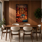 A framed canvas wall art depicting Our Lady of Guadalupe with a traditional Mexican altar featuring candles, flowers, decorated sugar skulls, bread, and fruit, rendered in a detailed, realistic style emphasizing cultural and religious symbolism.