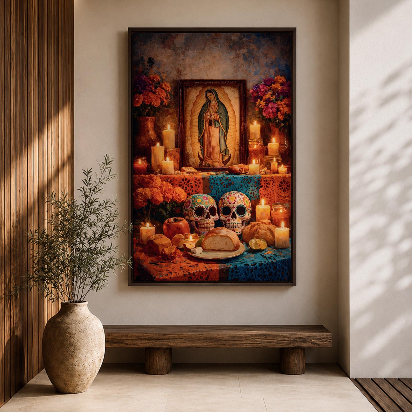A framed canvas wall art depicting Our Lady of Guadalupe with a traditional Mexican altar featuring candles, flowers, decorated sugar skulls, bread, and fruit, rendered in a detailed, realistic style emphasizing cultural and religious symbolism.