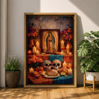 A framed canvas wall art depicting Our Lady of Guadalupe with a traditional Mexican altar featuring candles, flowers, decorated sugar skulls, bread, and fruit, rendered in a detailed, realistic style emphasizing cultural and religious symbolism.