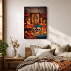 A framed canvas wall art depicting Our Lady of Guadalupe with a traditional Mexican altar featuring candles, flowers, decorated sugar skulls, bread, and fruit, rendered in a detailed, realistic style emphasizing cultural and religious symbolism.