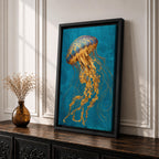 A detailed painting of a luminous jellyfish with a domed bell in deep blue and gold tones, its long flowing tendrils rendered in intricate golden textures that cascade downward in delicate strands, set against a rich teal ocean background that emphasizes graceful motion and a refined underwater marine composition.