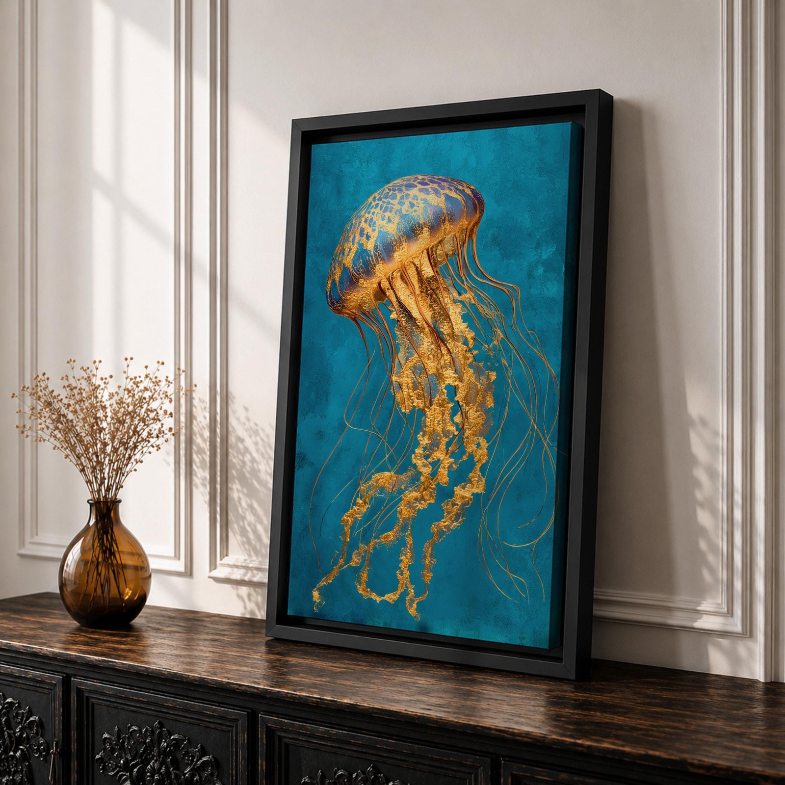 A detailed painting of a luminous jellyfish with a domed bell in deep blue and gold tones, its long flowing tendrils rendered in intricate golden textures that cascade downward in delicate strands, set against a rich teal ocean background that emphasizes graceful motion and a refined underwater marine composition.