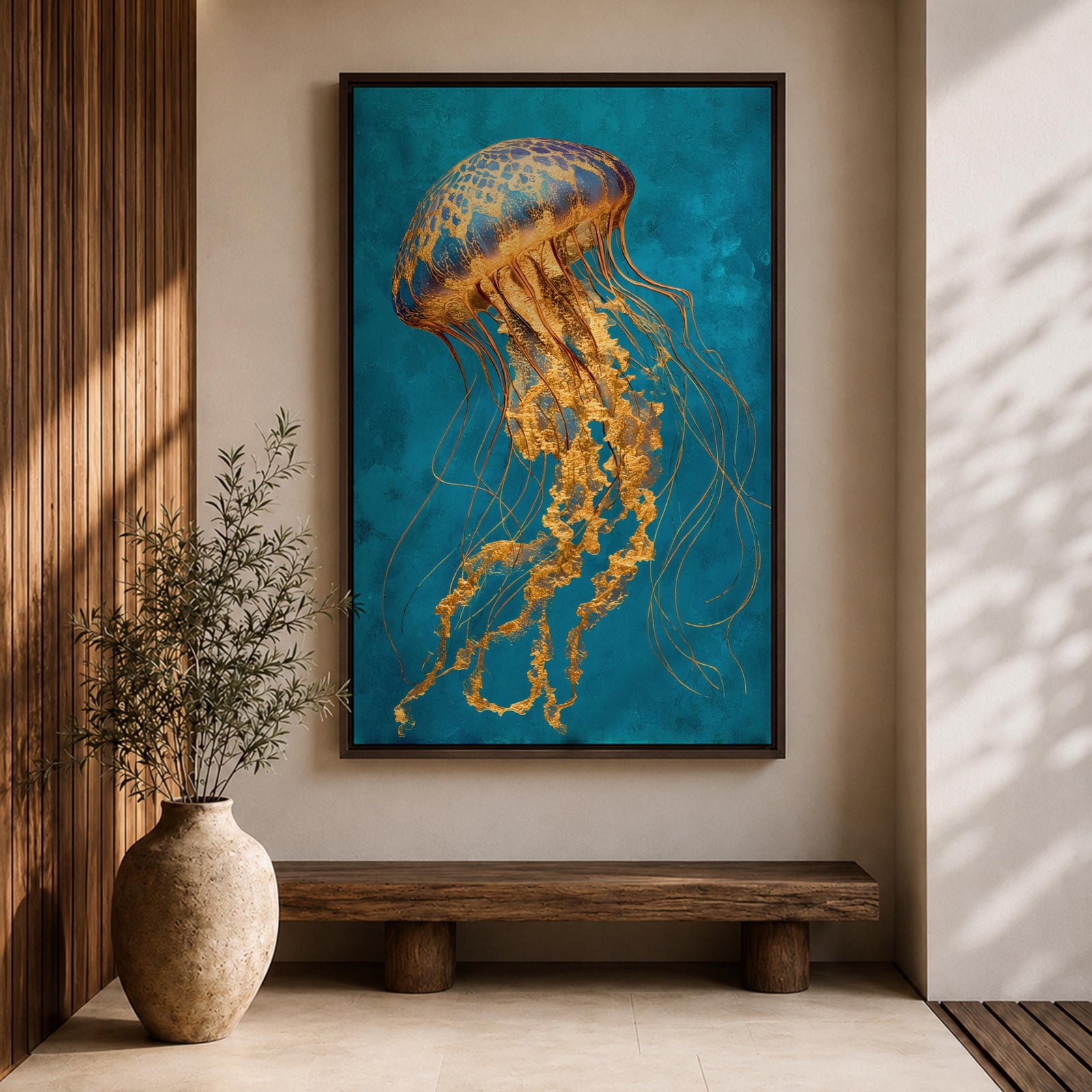 A detailed painting of a luminous jellyfish with a domed bell in deep blue and gold tones, its long flowing tendrils rendered in intricate golden textures that cascade downward in delicate strands, set against a rich teal ocean background that emphasizes graceful motion and a refined underwater marine composition.