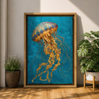 A detailed painting of a luminous jellyfish with a domed bell in deep blue and gold tones, its long flowing tendrils rendered in intricate golden textures that cascade downward in delicate strands, set against a rich teal ocean background that emphasizes graceful motion and a refined underwater marine composition.
