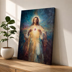 A luminous religious painting of Jesus Christ facing forward with a serene expression, holding a glowing Sacred Heart at the center of his chest, radiating light in all directions, with soft flowing robes and expressive brushstrokes blending warm and cool tones to create a powerful spiritual composition.