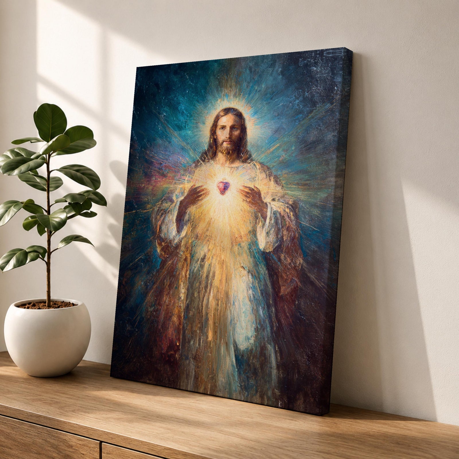 A luminous religious painting of Jesus Christ facing forward with a serene expression, holding a glowing Sacred Heart at the center of his chest, radiating light in all directions, with soft flowing robes and expressive brushstrokes blending warm and cool tones to create a powerful spiritual composition.
