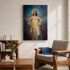 A luminous religious painting of Jesus Christ facing forward with a serene expression, holding a glowing Sacred Heart at the center of his chest, radiating light in all directions, with soft flowing robes and expressive brushstrokes blending warm and cool tones to create a powerful spiritual composition.