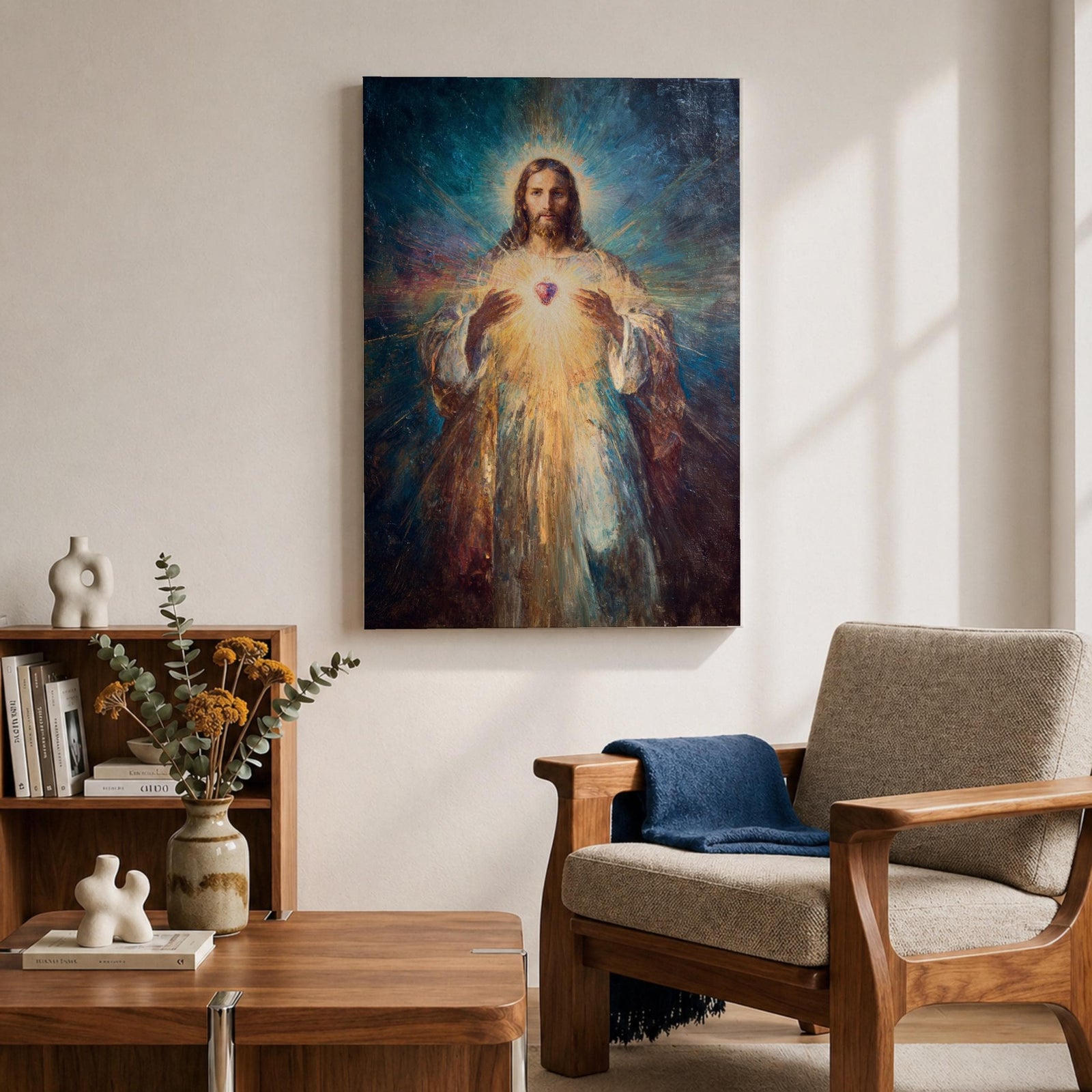 A luminous religious painting of Jesus Christ facing forward with a serene expression, holding a glowing Sacred Heart at the center of his chest, radiating light in all directions, with soft flowing robes and expressive brushstrokes blending warm and cool tones to create a powerful spiritual composition.