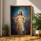 A luminous religious painting of Jesus Christ facing forward with a serene expression, holding a glowing Sacred Heart at the center of his chest, radiating light in all directions, with soft flowing robes and expressive brushstrokes blending warm and cool tones to create a powerful spiritual composition.