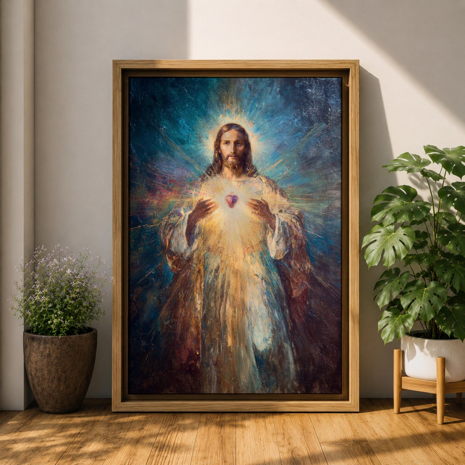 A luminous religious painting of Jesus Christ facing forward with a serene expression, holding a glowing Sacred Heart at the center of his chest, radiating light in all directions, with soft flowing robes and expressive brushstrokes blending warm and cool tones to create a powerful spiritual composition.