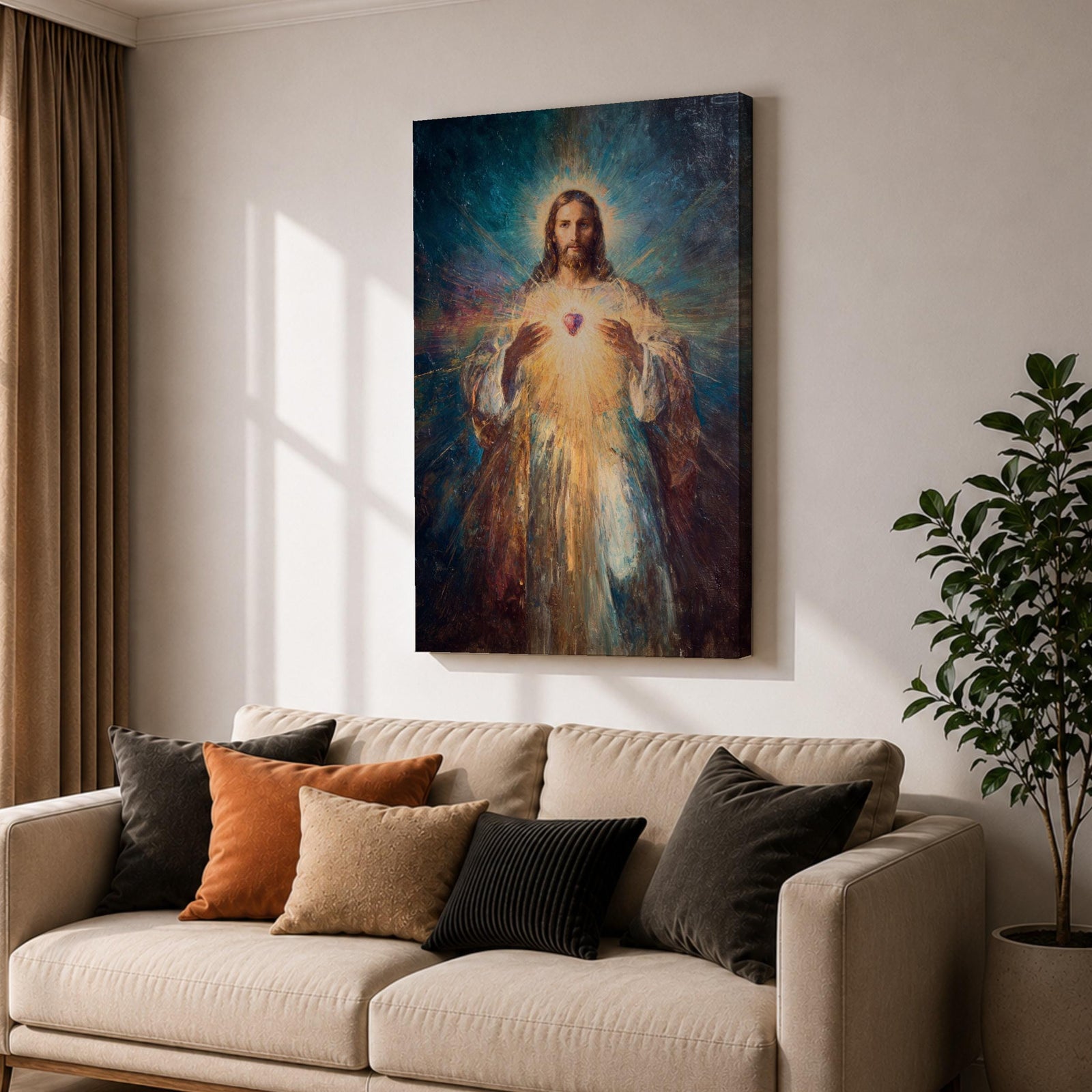 A luminous religious painting of Jesus Christ facing forward with a serene expression, holding a glowing Sacred Heart at the center of his chest, radiating light in all directions, with soft flowing robes and expressive brushstrokes blending warm and cool tones to create a powerful spiritual composition.