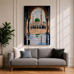 Artwork showing the courtyard of Al-Masjid an-Nabawi viewed through a carved Islamic arch, featuring the iconic green dome of the Prophet’s Mosque with tall minarets, reflective marble floor, and bright sky above the sacred mosque complex in Medina.