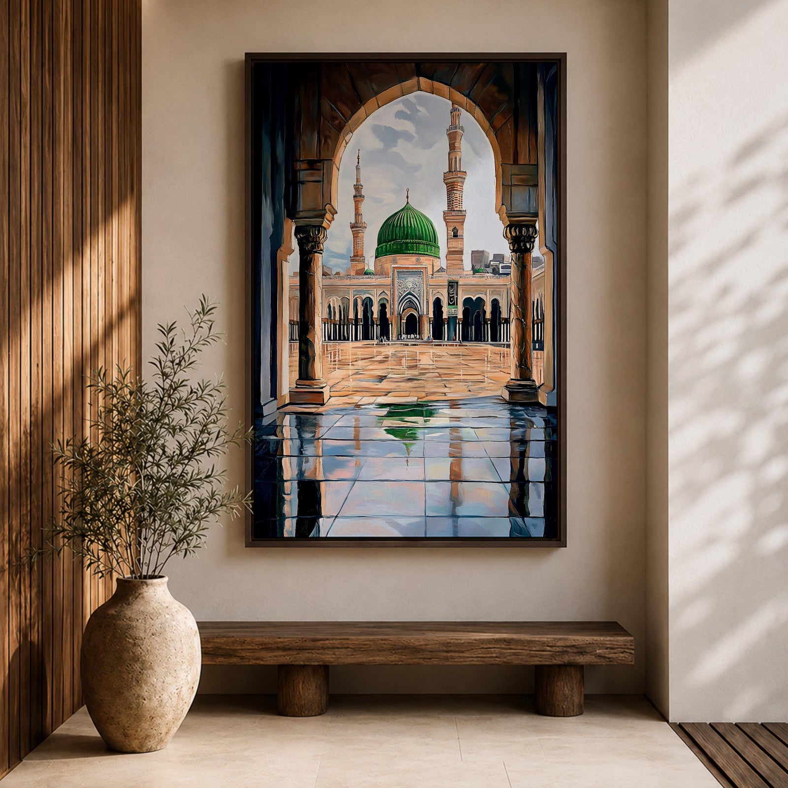 Artwork showing the courtyard of Al-Masjid an-Nabawi viewed through a carved Islamic arch, featuring the iconic green dome of the Prophet’s Mosque with tall minarets, reflective marble floor, and bright sky above the sacred mosque complex in Medina.