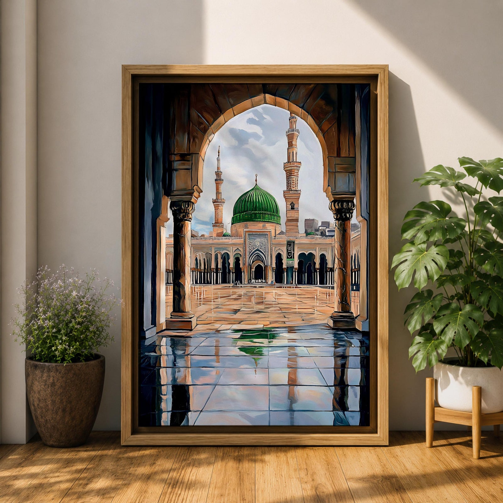 Artwork showing the courtyard of Al-Masjid an-Nabawi viewed through a carved Islamic arch, featuring the iconic green dome of the Prophet’s Mosque with tall minarets, reflective marble floor, and bright sky above the sacred mosque complex in Medina.