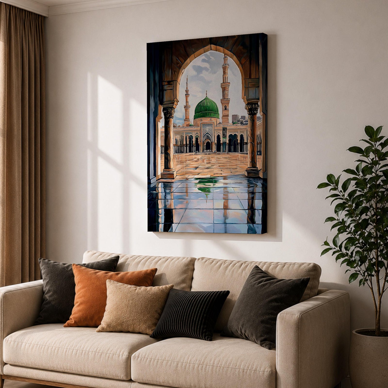 Artwork showing the courtyard of Al-Masjid an-Nabawi viewed through a carved Islamic arch, featuring the iconic green dome of the Prophet’s Mosque with tall minarets, reflective marble floor, and bright sky above the sacred mosque complex in Medina.