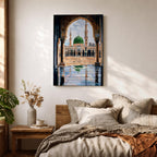 Artwork showing the courtyard of Al-Masjid an-Nabawi viewed through a carved Islamic arch, featuring the iconic green dome of the Prophet’s Mosque with tall minarets, reflective marble floor, and bright sky above the sacred mosque complex in Medina.