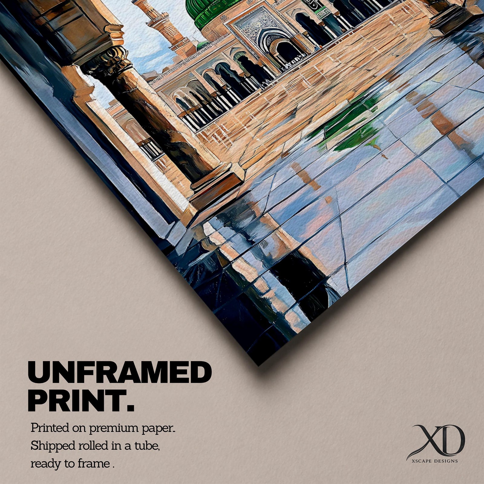 Artwork showing the courtyard of Al-Masjid an-Nabawi viewed through a carved Islamic arch, featuring the iconic green dome of the Prophet’s Mosque with tall minarets, reflective marble floor, and bright sky above the sacred mosque complex in Medina.