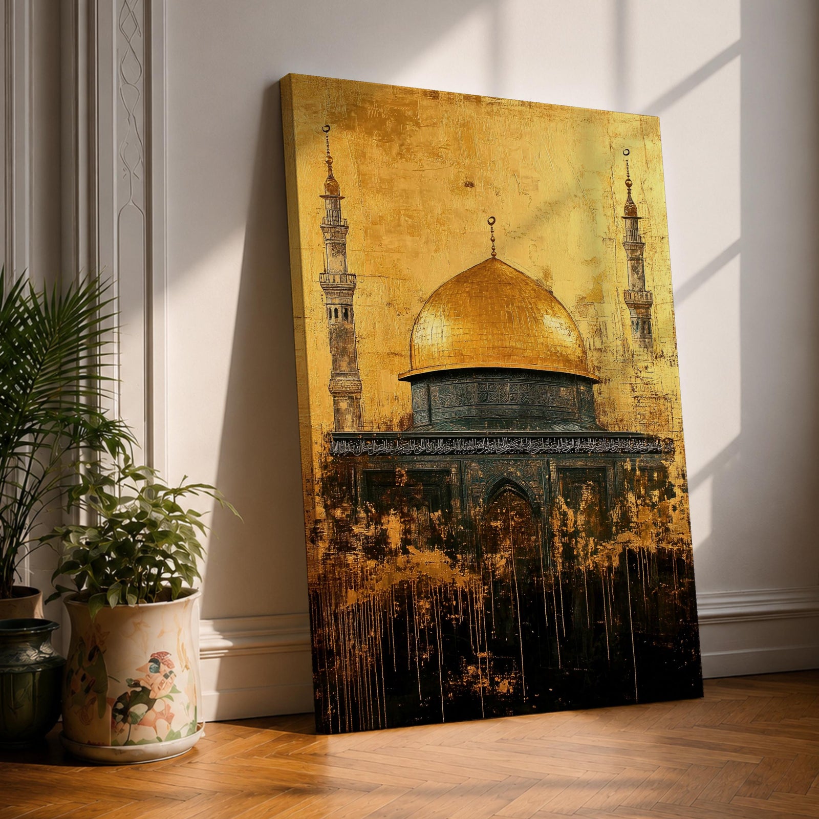 Vintage-style artwork depicting Masjid Al Aqsa within the Haram Al-Sharif complex, featuring a radiant golden dome, tall minarets, and richly textured Islamic architecture set against a distressed gold background with dripping paint details that create an aged, dramatic interpretation of the sacred Jerusalem landmark.