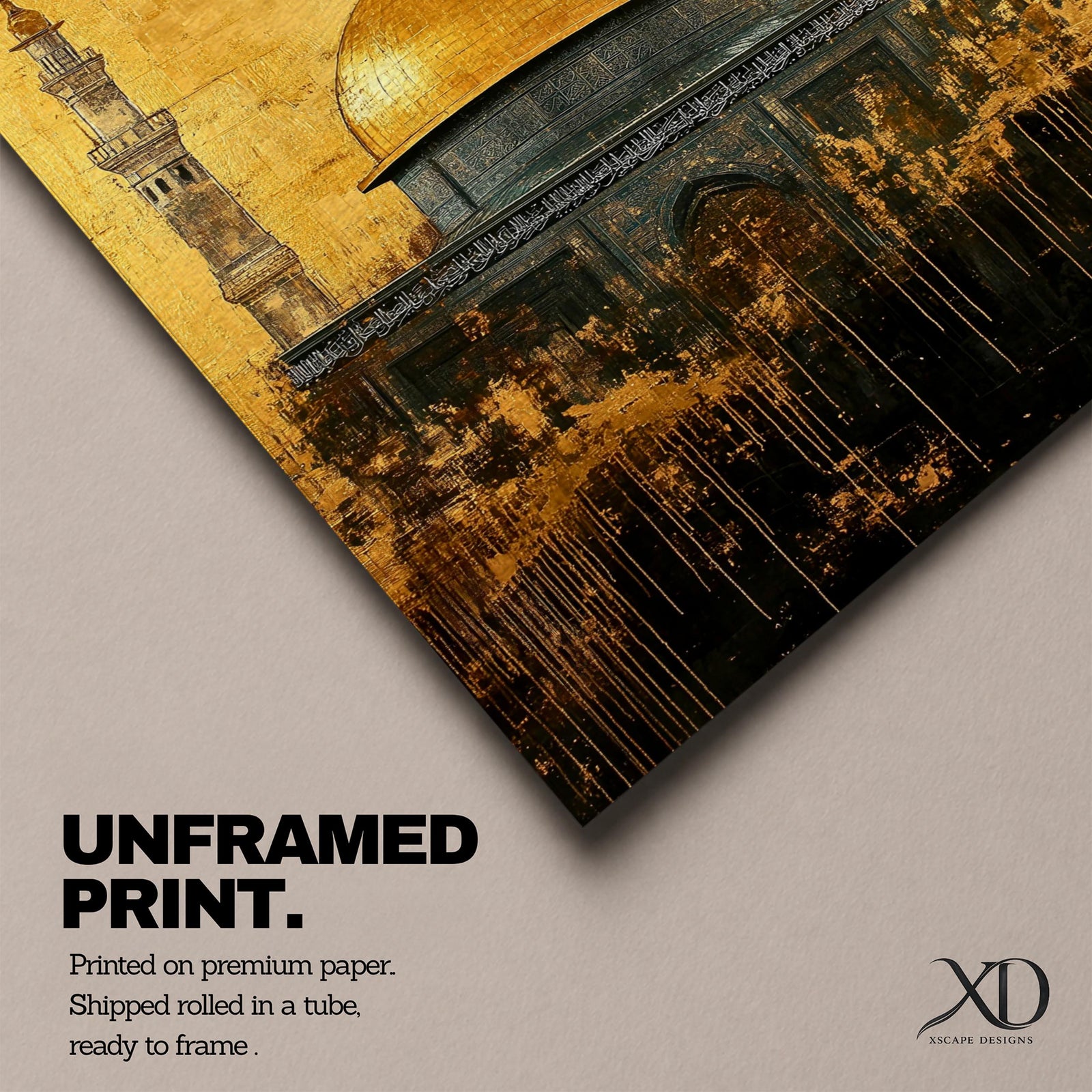Vintage-style artwork depicting Masjid Al Aqsa within the Haram Al-Sharif complex, featuring a radiant golden dome, tall minarets, and richly textured Islamic architecture set against a distressed gold background with dripping paint details that create an aged, dramatic interpretation of the sacred Jerusalem landmark.