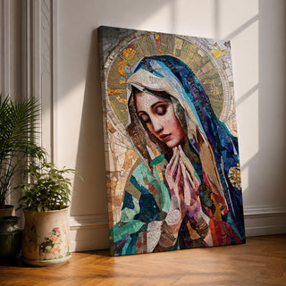 A mosaic-style artwork depicting Virgin Mary with hands clasped in prayer and eyes closed, wearing a blue and white veil with a golden halo behind her head. The piece uses intricate tile fragments to create a stained glass effect, emphasizing religious Christian themes with detailed textures and vibrant colors.