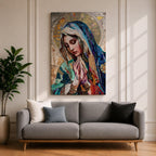 A mosaic-style artwork depicting Virgin Mary with hands clasped in prayer and eyes closed, wearing a blue and white veil with a golden halo behind her head. The piece uses intricate tile fragments to create a stained glass effect, emphasizing religious Christian themes with detailed textures and vibrant colors.