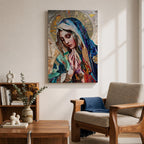 A mosaic-style artwork depicting Virgin Mary with hands clasped in prayer and eyes closed, wearing a blue and white veil with a golden halo behind her head. The piece uses intricate tile fragments to create a stained glass effect, emphasizing religious Christian themes with detailed textures and vibrant colors.