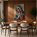 A mosaic-style artwork depicting Virgin Mary with hands clasped in prayer and eyes closed, wearing a blue and white veil with a golden halo behind her head. The piece uses intricate tile fragments to create a stained glass effect, emphasizing religious Christian themes with detailed textures and vibrant colors.