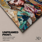 A mosaic-style artwork depicting Virgin Mary with hands clasped in prayer and eyes closed, wearing a blue and white veil with a golden halo behind her head. The piece uses intricate tile fragments to create a stained glass effect, emphasizing religious Christian themes with detailed textures and vibrant colors.
