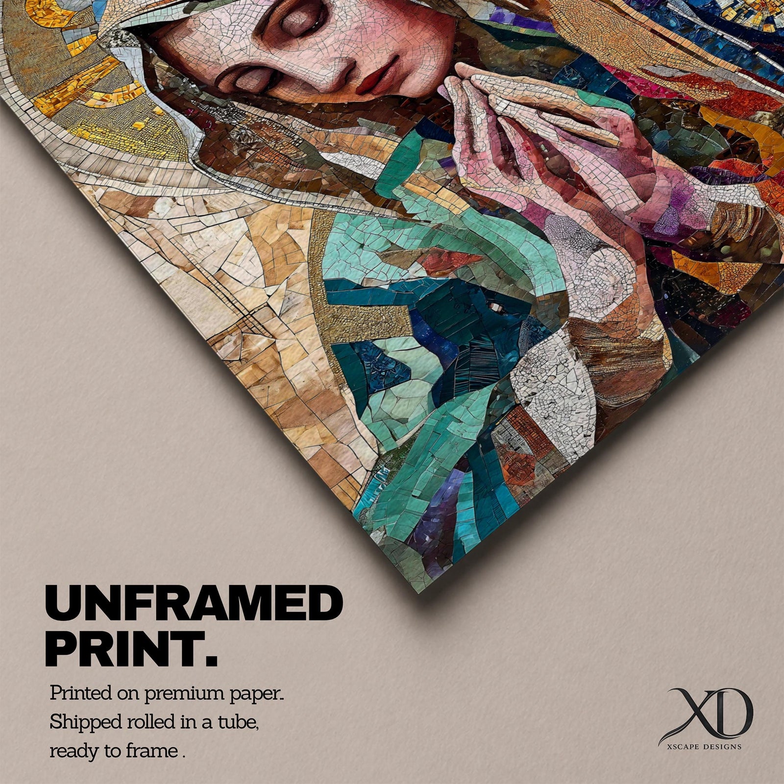 A mosaic-style artwork depicting Virgin Mary with hands clasped in prayer and eyes closed, wearing a blue and white veil with a golden halo behind her head. The piece uses intricate tile fragments to create a stained glass effect, emphasizing religious Christian themes with detailed textures and vibrant colors.