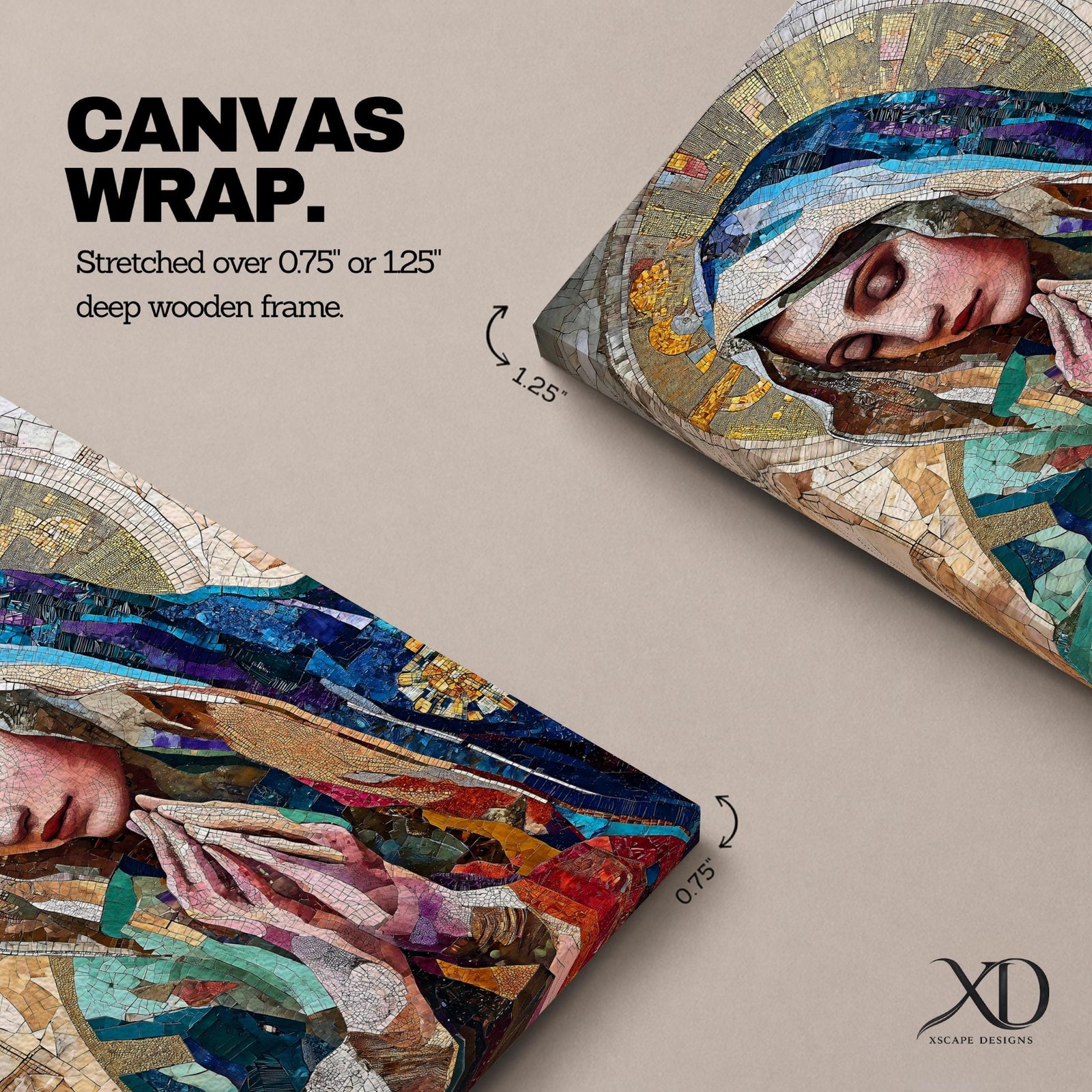 A mosaic-style artwork depicting Virgin Mary with hands clasped in prayer and eyes closed, wearing a blue and white veil with a golden halo behind her head. The piece uses intricate tile fragments to create a stained glass effect, emphasizing religious Christian themes with detailed textures and vibrant colors.