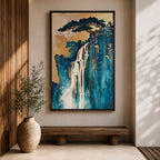 This abstract waterfall artwork features flowing white cascades over textured blue and gold cliffs with a stylized tree atop, blending fluid paint effects and organic shapes to evoke a serene natural landscape in a modern abstract style.