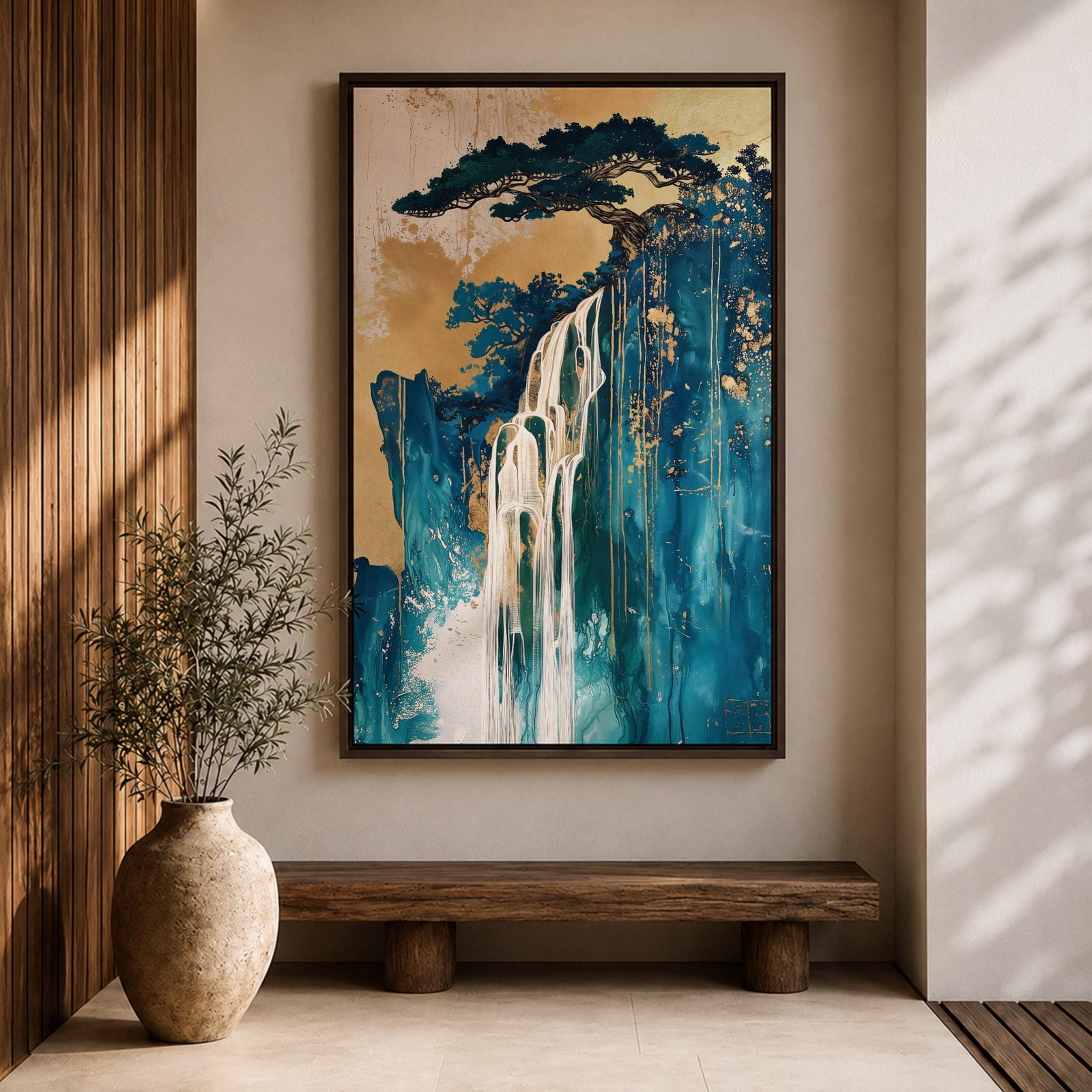 This abstract waterfall artwork features flowing white cascades over textured blue and gold cliffs with a stylized tree atop, blending fluid paint effects and organic shapes to evoke a serene natural landscape in a modern abstract style.
