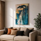 This abstract waterfall artwork features flowing white cascades over textured blue and gold cliffs with a stylized tree atop, blending fluid paint effects and organic shapes to evoke a serene natural landscape in a modern abstract style.