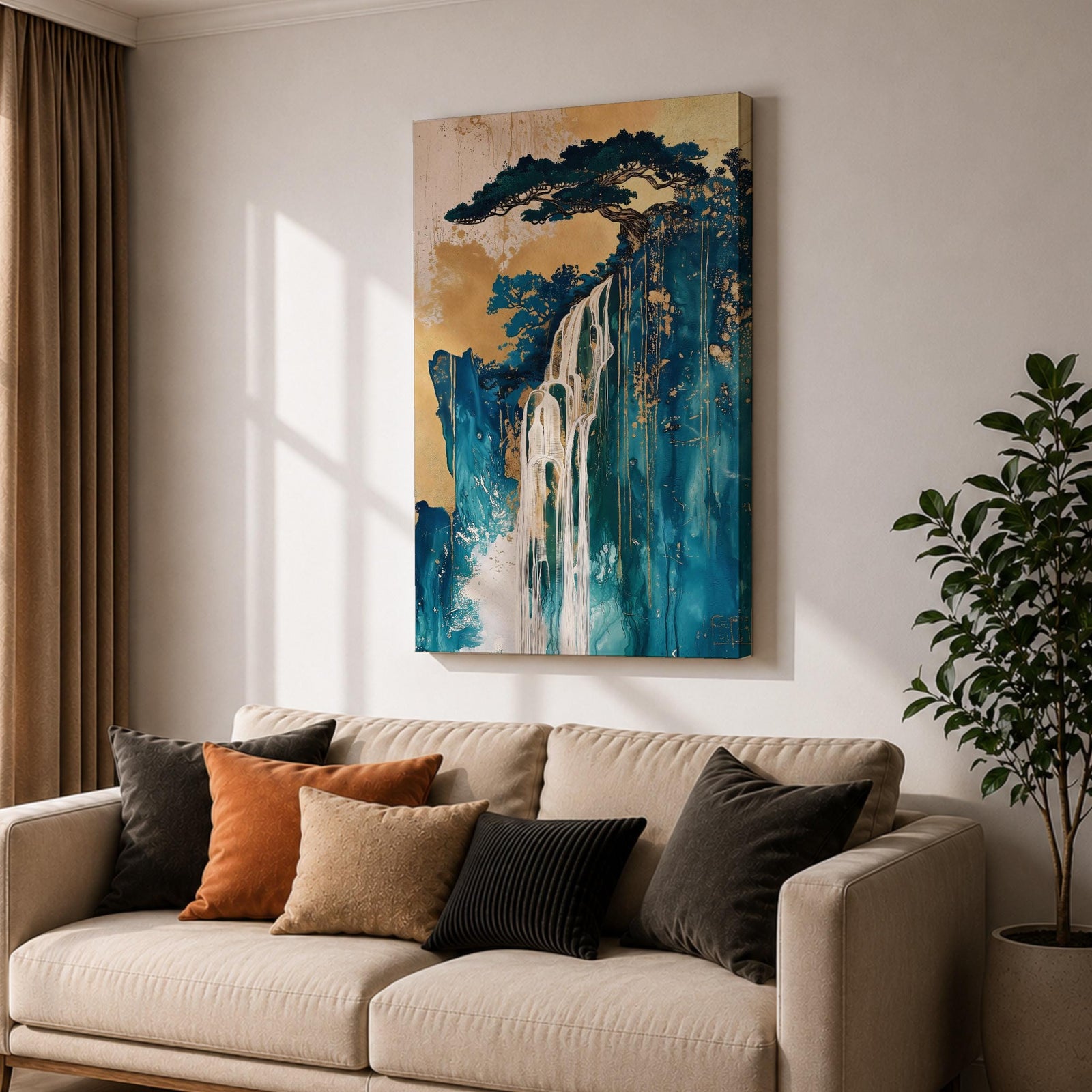 This abstract waterfall artwork features flowing white cascades over textured blue and gold cliffs with a stylized tree atop, blending fluid paint effects and organic shapes to evoke a serene natural landscape in a modern abstract style.