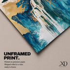 This abstract waterfall artwork features flowing white cascades over textured blue and gold cliffs with a stylized tree atop, blending fluid paint effects and organic shapes to evoke a serene natural landscape in a modern abstract style.