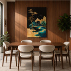 A framed canvas artwork depicting a mountain landscape with abstract golden and teal elements. The composition features stylized mountains, a flowing river, and a tall tree with birds flying above, rendered in an abstract style with rich gold and blue tones against a dark background.