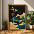 A framed canvas artwork depicting a mountain landscape with abstract golden and teal elements. The composition features stylized mountains, a flowing river, and a tall tree with birds flying above, rendered in an abstract style with rich gold and blue tones against a dark background.