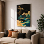 A framed canvas artwork depicting a mountain landscape with abstract golden and teal elements. The composition features stylized mountains, a flowing river, and a tall tree with birds flying above, rendered in an abstract style with rich gold and blue tones against a dark background.