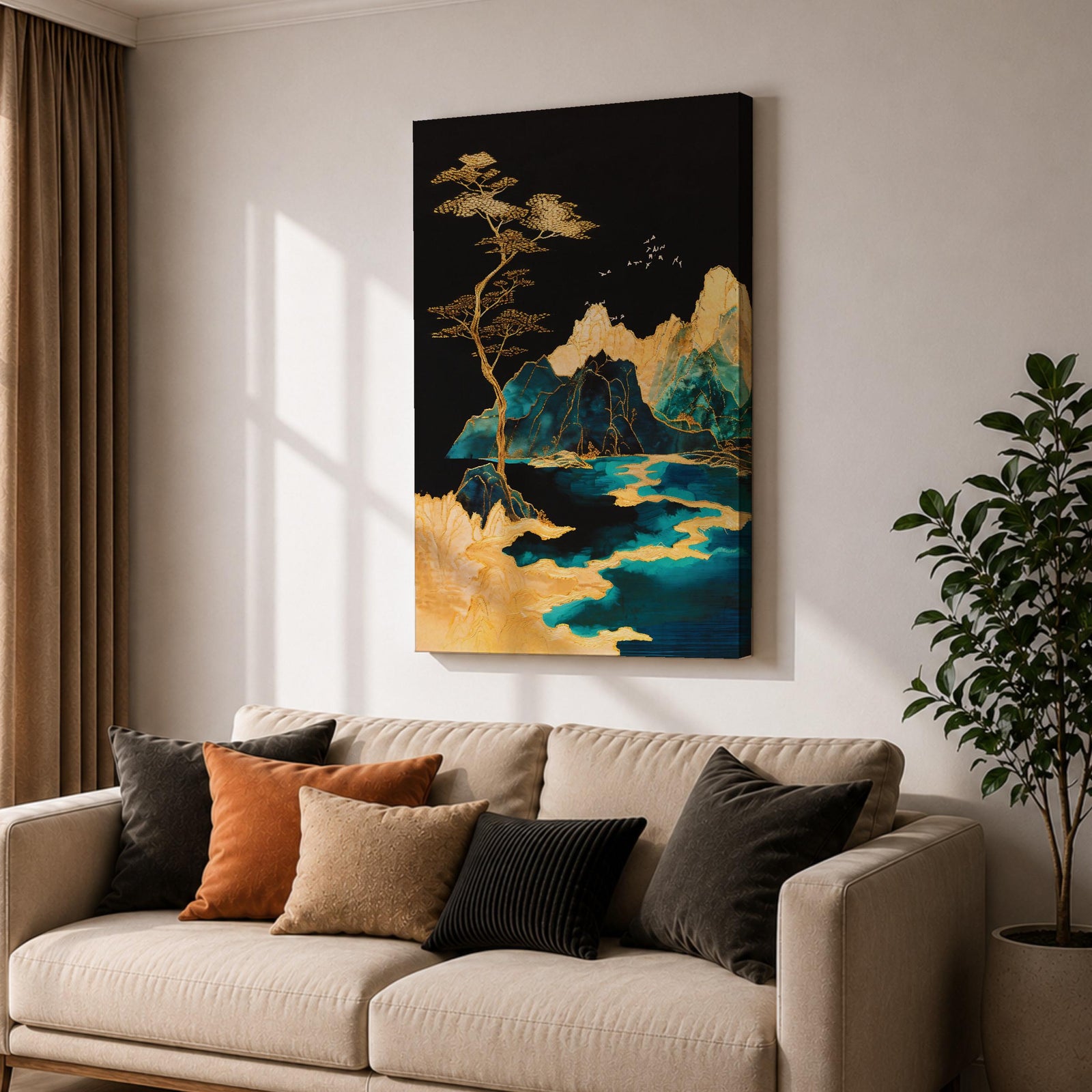A framed canvas artwork depicting a mountain landscape with abstract golden and teal elements. The composition features stylized mountains, a flowing river, and a tall tree with birds flying above, rendered in an abstract style with rich gold and blue tones against a dark background.