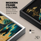 A framed canvas artwork depicting a mountain landscape with abstract golden and teal elements. The composition features stylized mountains, a flowing river, and a tall tree with birds flying above, rendered in an abstract style with rich gold and blue tones against a dark background.