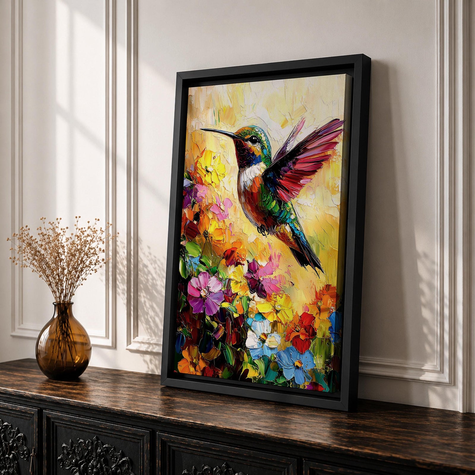 Hummingbird Bird Wall Art Floral Garden Nature Wildlife Abstract Gift Living Room Home Decor