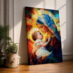 A stained glass style depiction of Virgin Mary holding the infant Jesus, featuring geometric shapes and vibrant colors that create a mosaic effect, emphasizing the tender interaction between mother and child in a Christian religious portrait.
