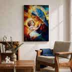 A stained glass style depiction of Virgin Mary holding the infant Jesus, featuring geometric shapes and vibrant colors that create a mosaic effect, emphasizing the tender interaction between mother and child in a Christian religious portrait.